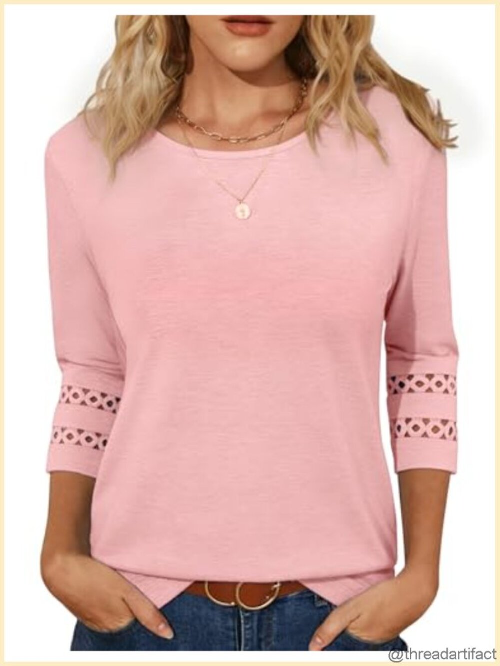 Womens 3/4 Sleeve Tops Dressy Casual Blouses Hollow Out T-Shirts